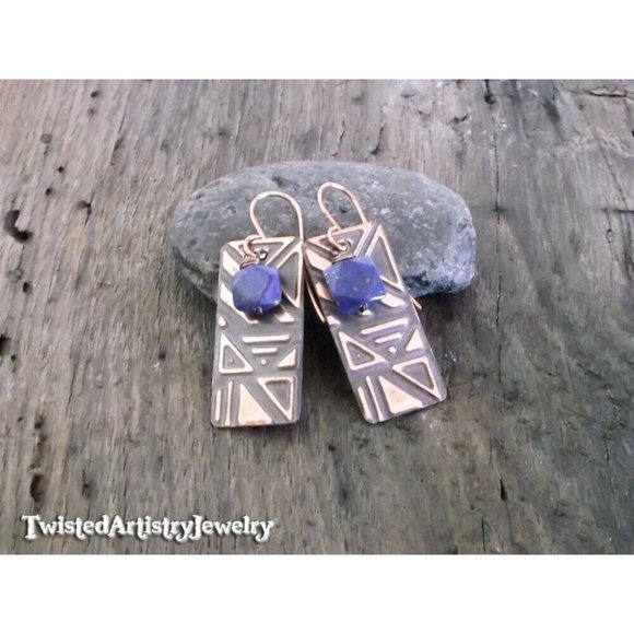 Lapis Lazuli Rectangle Embossed Copper Dangle Earrings One-Of-A-Kind Handmade - Picture 1 of 3